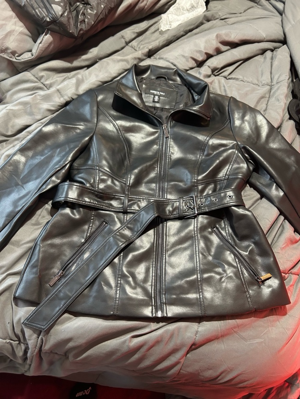 KENNITH COLE-Black  Faux Leather Belted Jacket